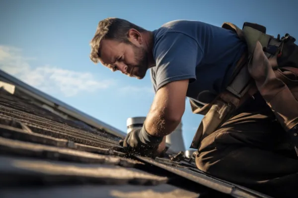 Roofer examining shingles close up while on a roof.